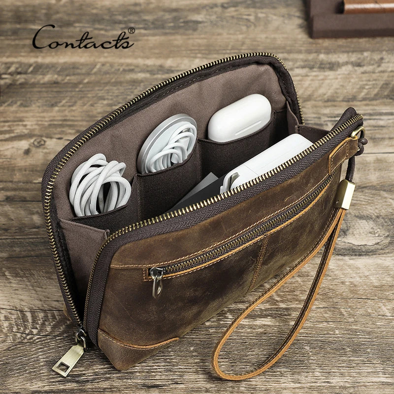 Contact's bolsa de mão de viagem masculina, carteira de couro genuíno, bolsa casual, organizador de cabo de carga, bolsa de armazenamento