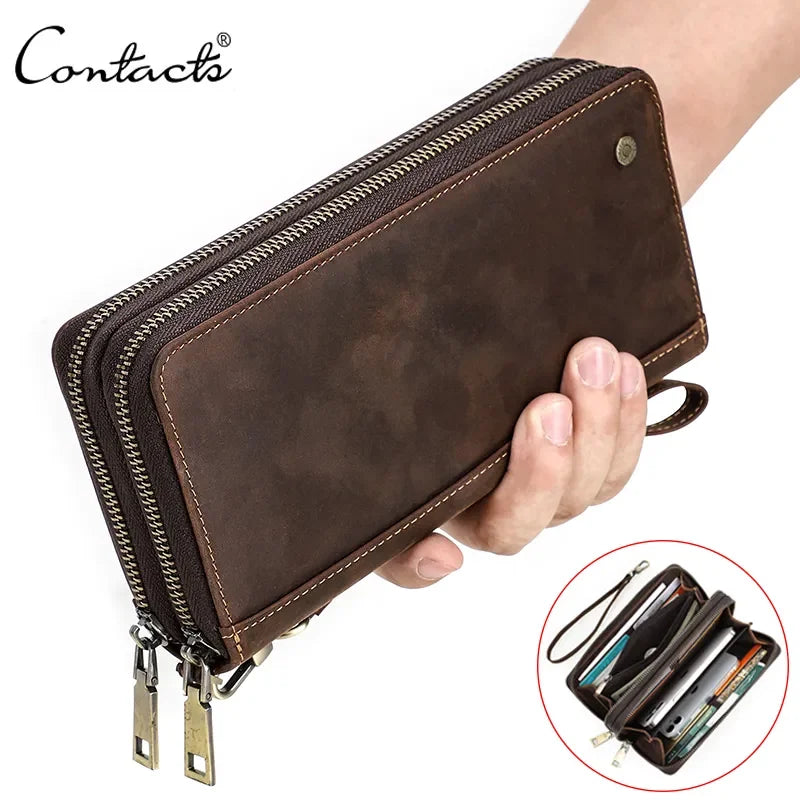 Carteira masculina de couro genuíno de contato, bolsa de mão, porta cartão, carteiras longas, zíper duplo, grande capacidade, vintage, bolsas masculinas