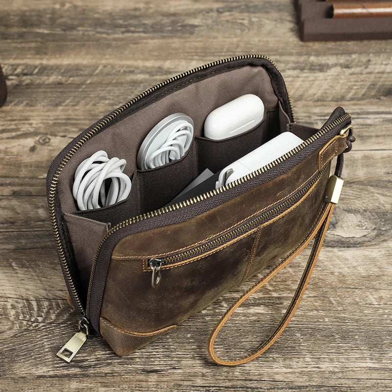 Contact's bolsa de mão de viagem masculina, carteira de couro genuíno, bolsa casual, organizador de cabo de carga, bolsa de armazenamento