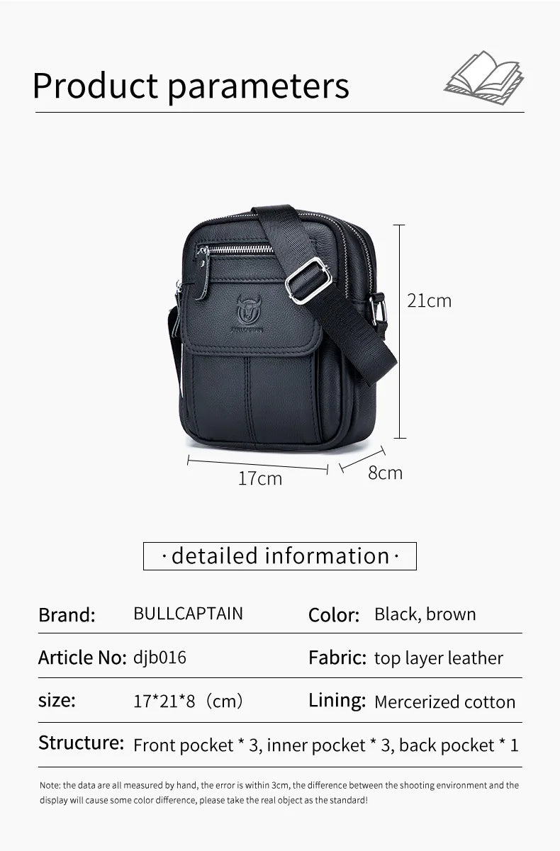 Bullcaptain bolsa de ombro masculina casual, bolsa mensageiro de negócios de alta qualidade, bolsa de couro de vaca masculina, mini bolso de grande capacidade