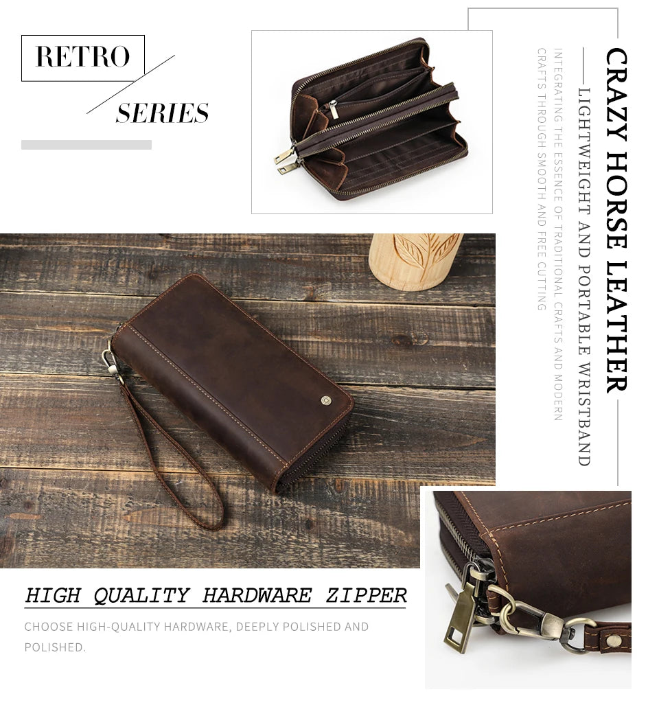 Carteira masculina de couro genuíno de contato, bolsa de mão, porta cartão, carteiras longas, zíper duplo, grande capacidade, vintage, bolsas masculinas
