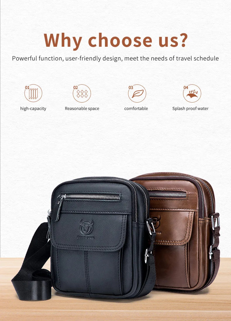 Bullcaptain bolsa de ombro masculina casual, bolsa mensageiro de negócios de alta qualidade, bolsa de couro de vaca masculina, mini bolso de grande capacidade