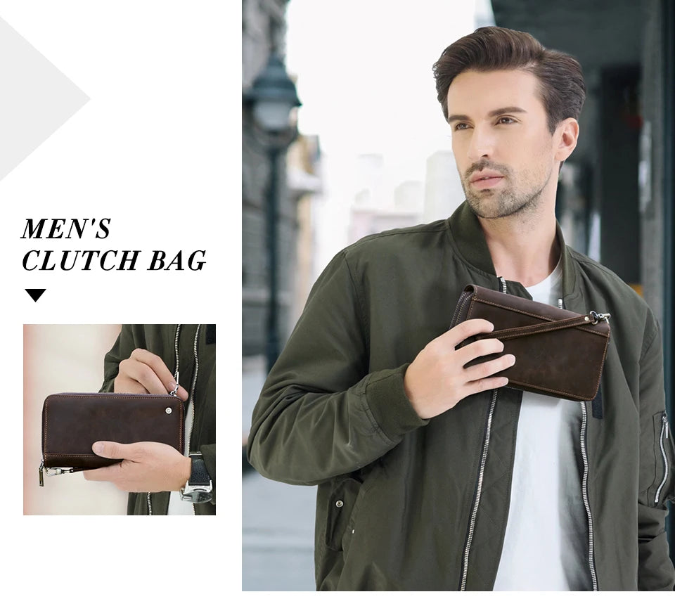 Carteira masculina de couro genuíno de contato, bolsa de mão, porta cartão, carteiras longas, zíper duplo, grande capacidade, vintage, bolsas masculinas