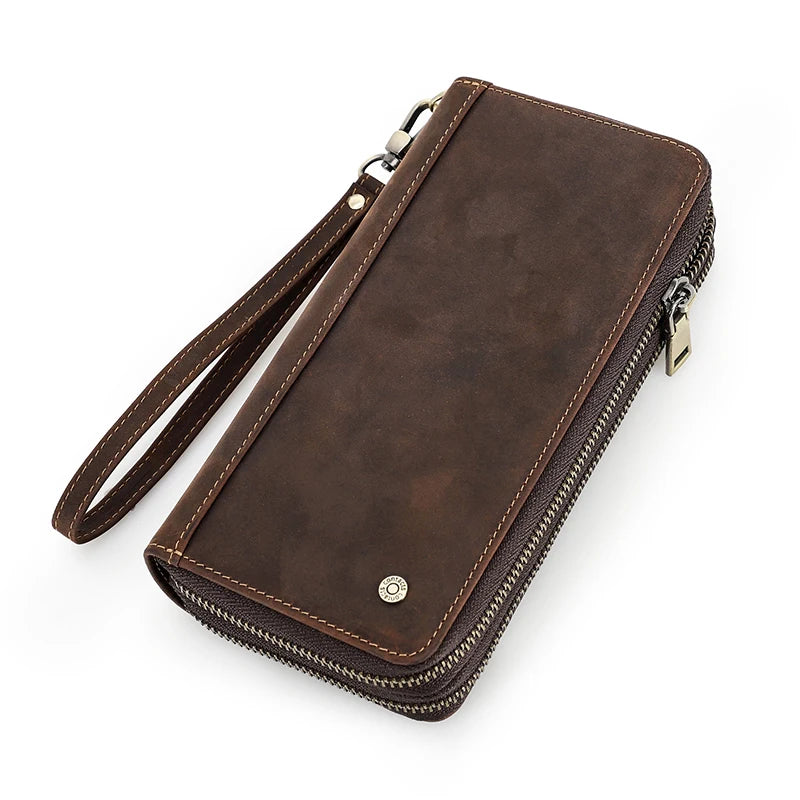 Carteira masculina de couro genuíno de contato, bolsa de mão, porta cartão, carteiras longas, zíper duplo, grande capacidade, vintage, bolsas masculinas