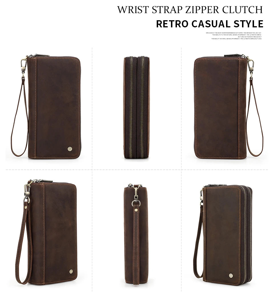 Carteira masculina de couro genuíno de contato, bolsa de mão, porta cartão, carteiras longas, zíper duplo, grande capacidade, vintage, bolsas masculinas