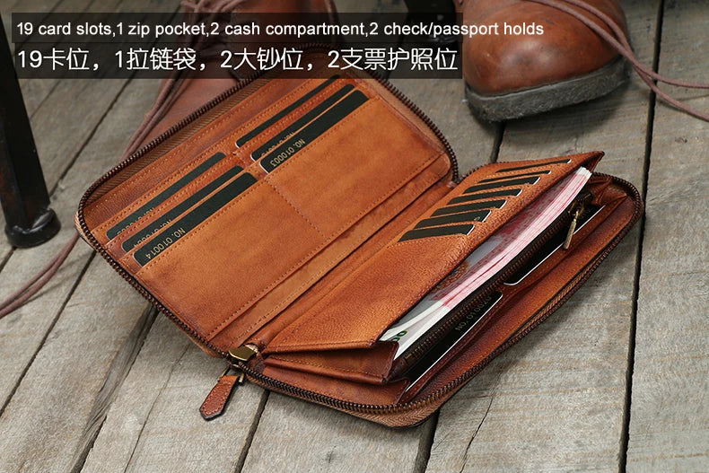 Carteira de couro genuíno do vintage dos homens carteira longa bolsa de embreagem masculino clipes de dinheiro zip em torno do saco de dinheiro titular do cartão