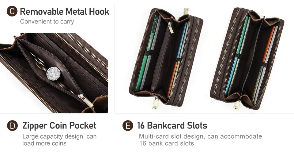 Carteira masculina de couro genuíno de contato, bolsa de mão, porta cartão, carteiras longas, zíper duplo, grande capacidade, vintage, bolsas masculinas