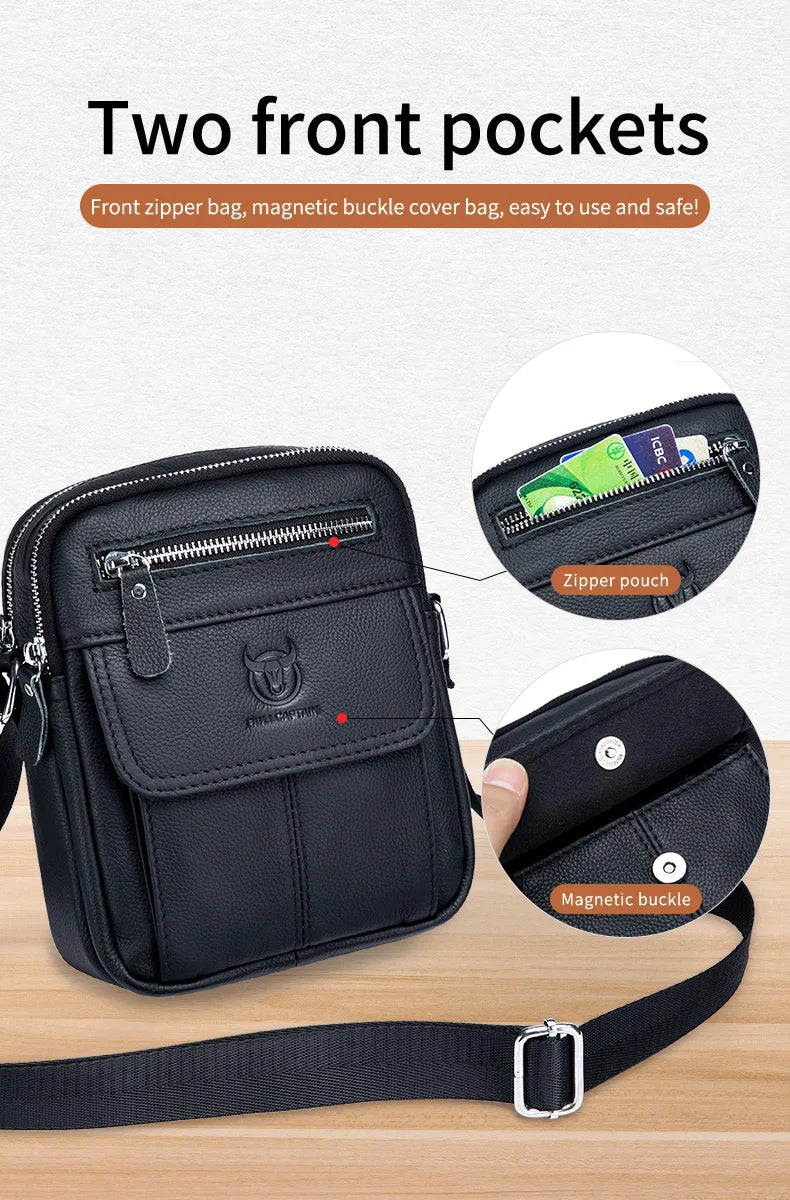 Bullcaptain bolsa de ombro masculina casual, bolsa mensageiro de negócios de alta qualidade, bolsa de couro de vaca masculina, mini bolso de grande capacidade