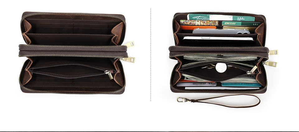 Carteira masculina de couro genuíno de contato, bolsa de mão, porta cartão, carteiras longas, zíper duplo, grande capacidade, vintage, bolsas masculinas