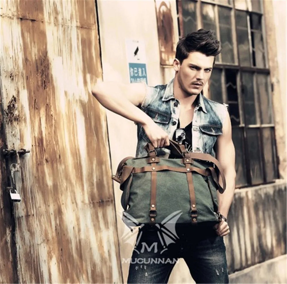 Bolsa de ombro masculina de lona militar vintage + couro genuíno, bolsa crossbody, bolsa mensageiro de lona para lazer