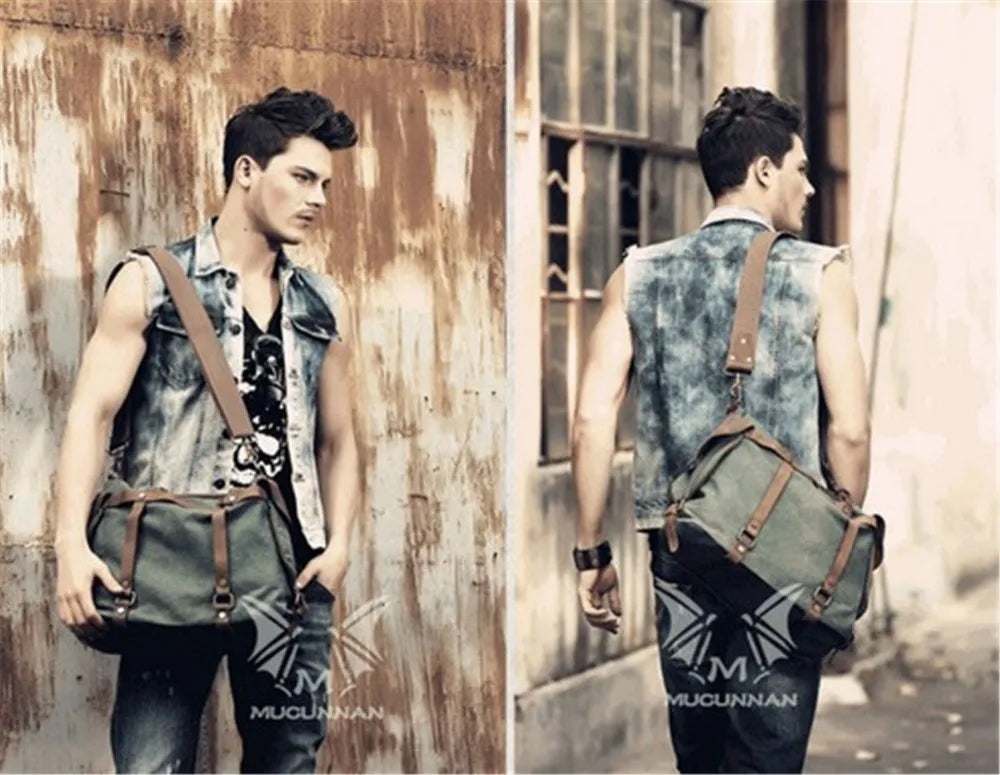 Bolsa de ombro masculina de lona militar vintage + couro genuíno, bolsa crossbody, bolsa mensageiro de lona para lazer