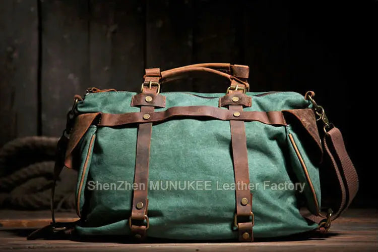 Bolsa de ombro masculina de lona militar vintage + couro genuíno, bolsa crossbody, bolsa mensageiro de lona para lazer