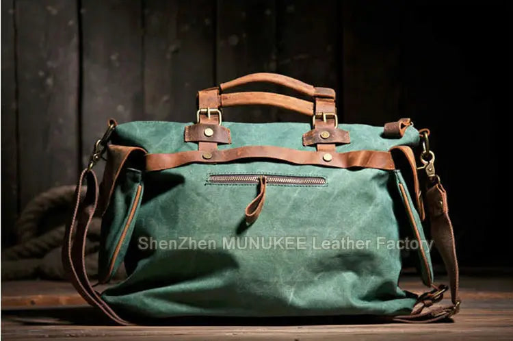 Bolsa de ombro masculina de lona militar vintage + couro genuíno, bolsa crossbody, bolsa mensageiro de lona para lazer