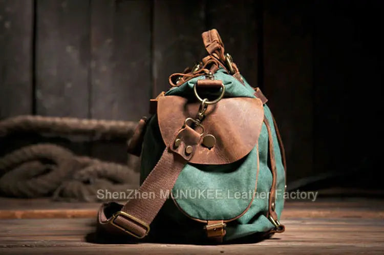Bolsa de ombro masculina de lona militar vintage + couro genuíno, bolsa crossbody, bolsa mensageiro de lona para lazer