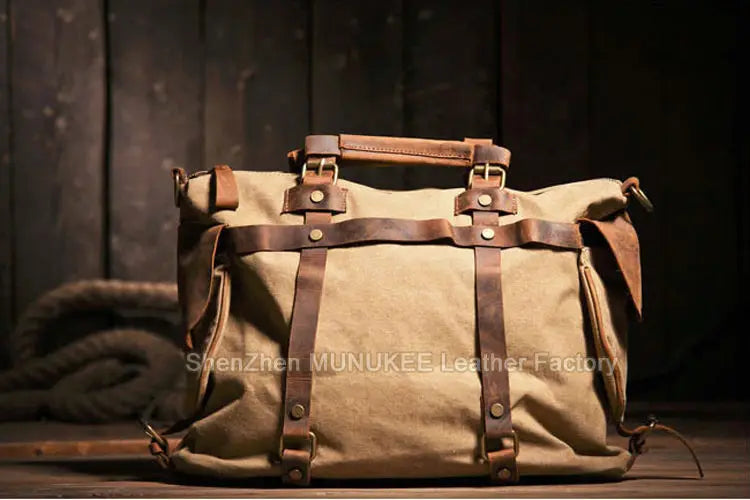 Bolsa de ombro masculina de lona militar vintage + couro genuíno, bolsa crossbody, bolsa mensageiro de lona para lazer