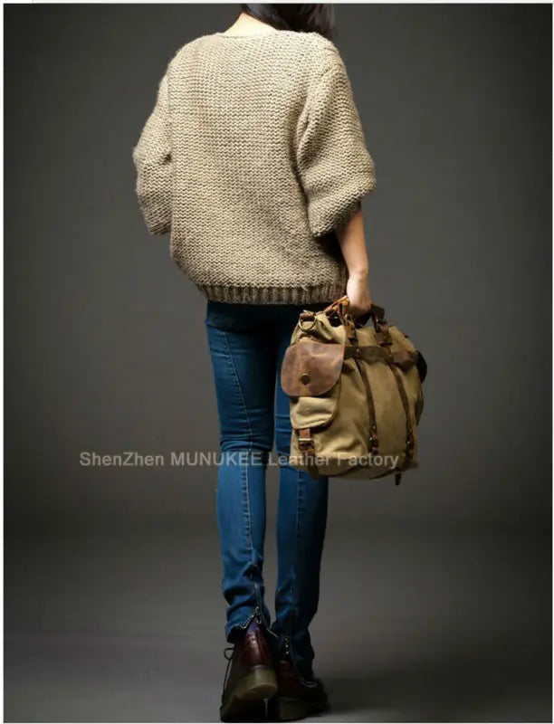 Bolsa de ombro masculina de lona militar vintage + couro genuíno, bolsa crossbody, bolsa mensageiro de lona para lazer