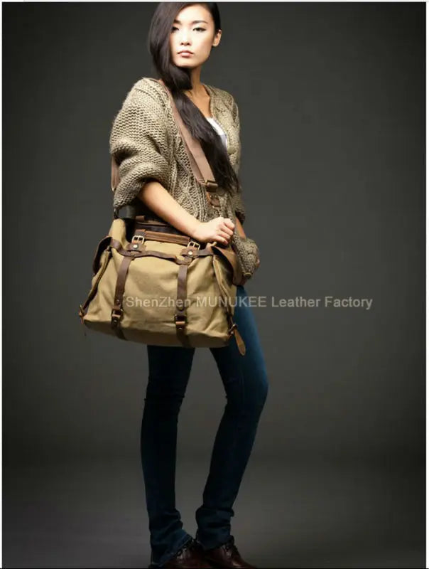 Bolsa de ombro masculina de lona militar vintage + couro genuíno, bolsa crossbody, bolsa mensageiro de lona para lazer