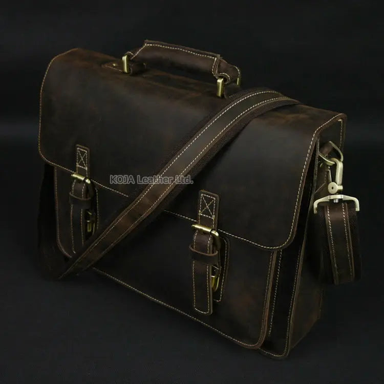 Maleta de couro genuíno para homens, vintage, cavalo louco, trabalho, negócios, ombro, bolsa de mensageiro, bolsa masculina, M088, 15 "bolsa para laptop