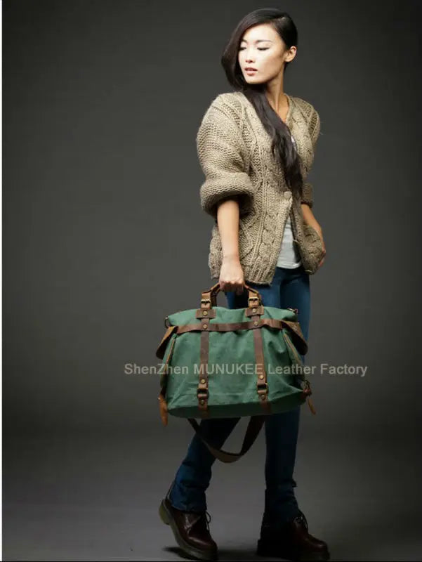 Bolsa de ombro masculina de lona militar vintage + couro genuíno, bolsa crossbody, bolsa mensageiro de lona para lazer