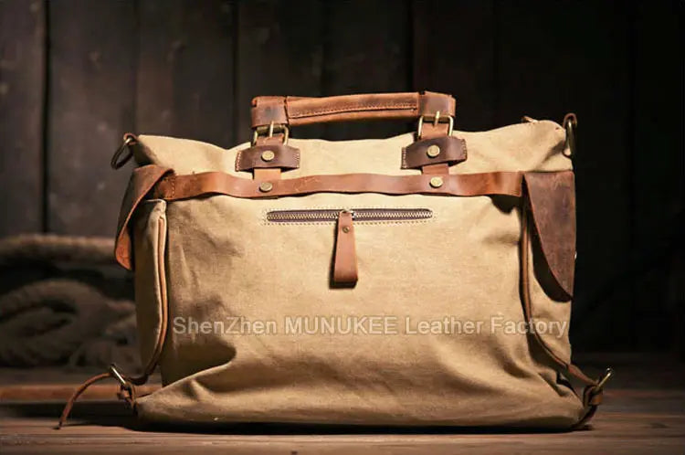 Bolsa de ombro masculina de lona militar vintage + couro genuíno, bolsa crossbody, bolsa mensageiro de lona para lazer