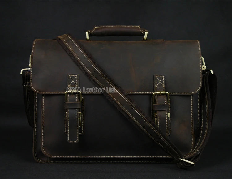 Maleta de couro genuíno para homens, vintage, cavalo louco, trabalho, negócios, ombro, bolsa de mensageiro, bolsa masculina, M088, 15 "bolsa para laptop