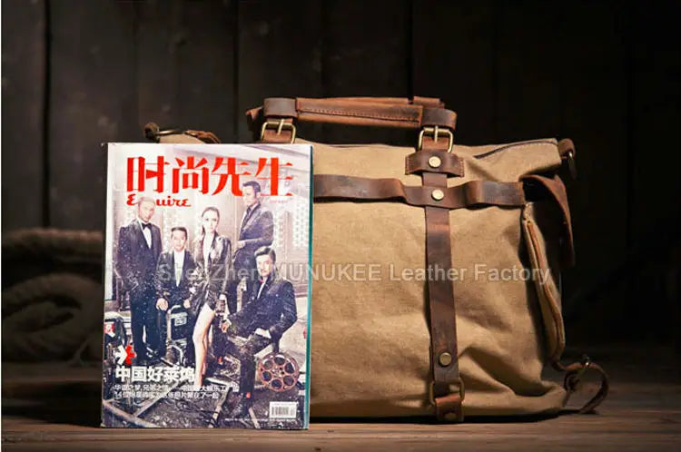 Bolsa de ombro masculina de lona militar vintage + couro genuíno, bolsa crossbody, bolsa mensageiro de lona para lazer
