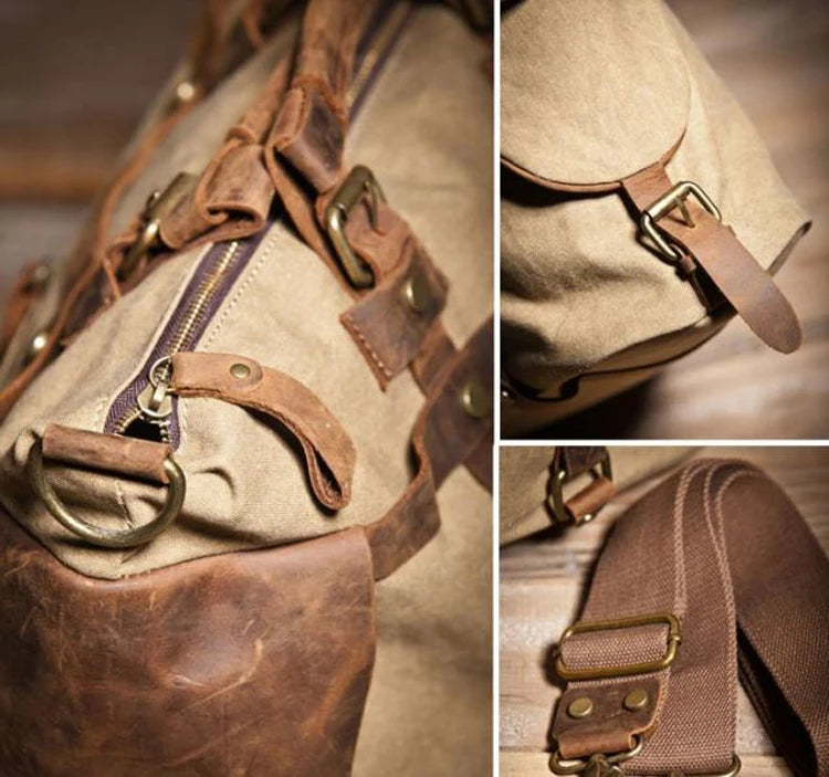 Bolsa de ombro masculina de lona militar vintage + couro genuíno, bolsa crossbody, bolsa mensageiro de lona para lazer