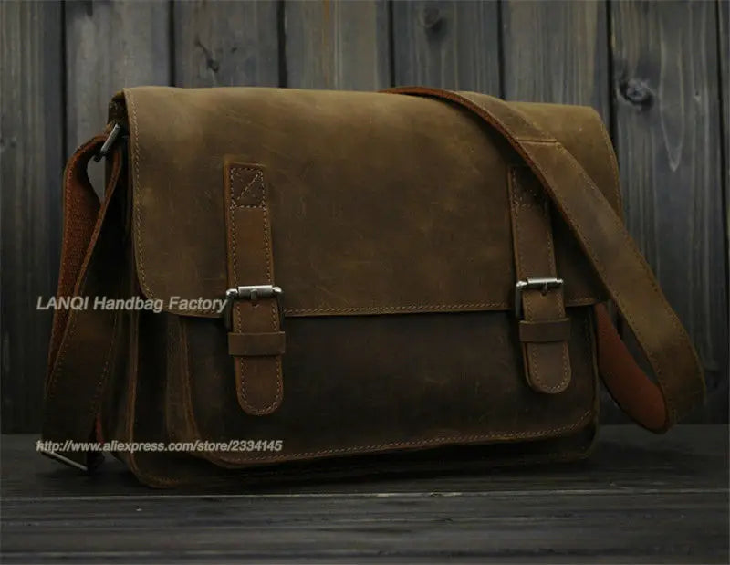 Bolsa de ombro vintage de couro louco cavalo, bolsa mensageiro cruzada masculina, bolsa de lazer genuína de couro, 2020