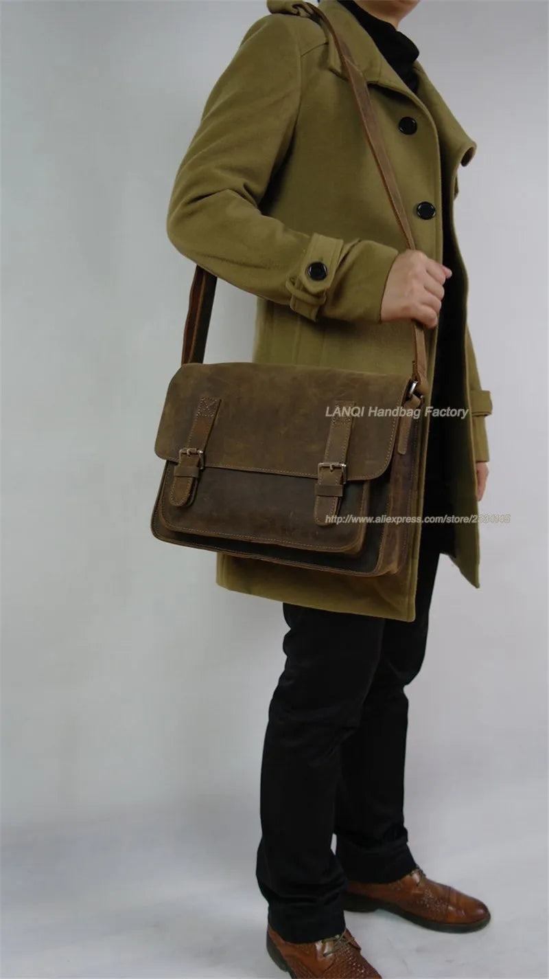 Bolsa de ombro vintage de couro louco cavalo, bolsa mensageiro cruzada masculina, bolsa de lazer genuína de couro, 2020