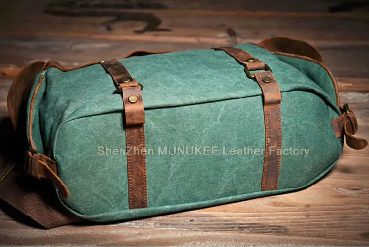 Bolsa de ombro masculina de lona militar vintage + couro genuíno, bolsa crossbody, bolsa mensageiro de lona para lazer