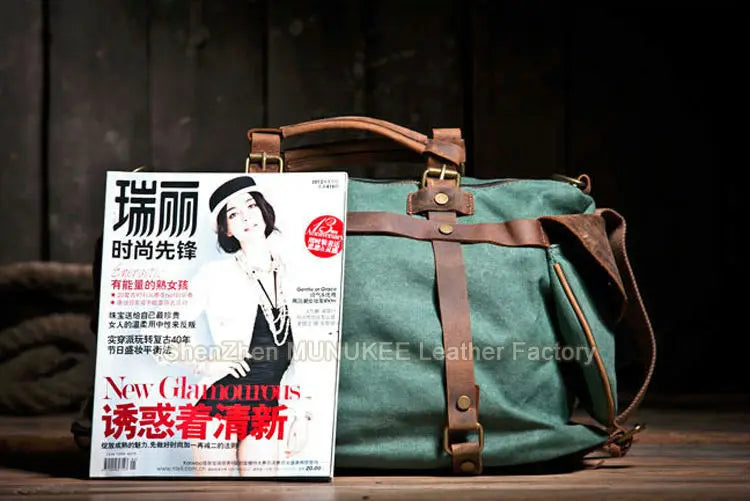 Bolsa de ombro masculina de lona militar vintage + couro genuíno, bolsa crossbody, bolsa mensageiro de lona para lazer