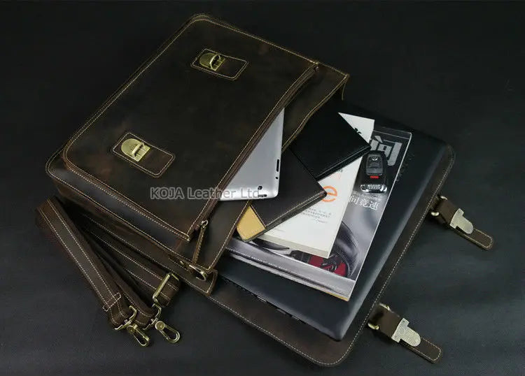 Maleta de couro genuíno para homens, vintage, cavalo louco, trabalho, negócios, ombro, bolsa de mensageiro, bolsa masculina, M088, 15 "bolsa para laptop