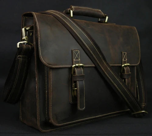 Maleta de couro genuíno para homens, vintage, cavalo louco, trabalho, negócios, ombro, bolsa de mensageiro, bolsa masculina, M088, 15 "bolsa para laptop