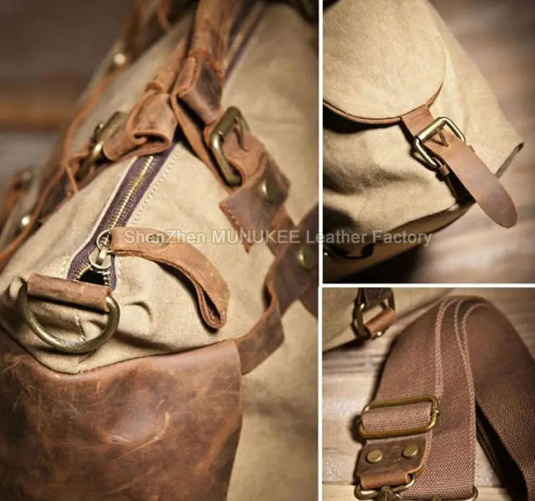 Bolsa de ombro masculina de lona militar vintage + couro genuíno, bolsa crossbody, bolsa mensageiro de lona para lazer