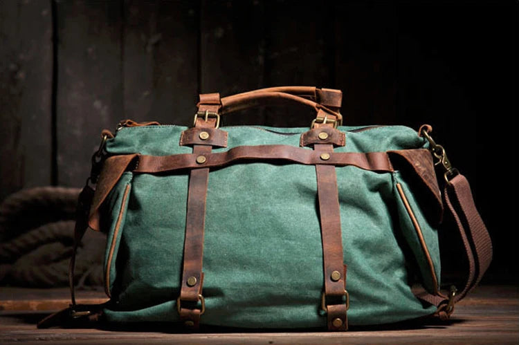Bolsa de ombro masculina de lona militar vintage + couro genuíno, bolsa crossbody, bolsa mensageiro de lona para lazer