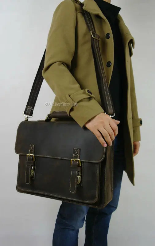 Maleta de couro genuíno para homens, vintage, cavalo louco, trabalho, negócios, ombro, bolsa de mensageiro, bolsa masculina, M088, 15 "bolsa para laptop