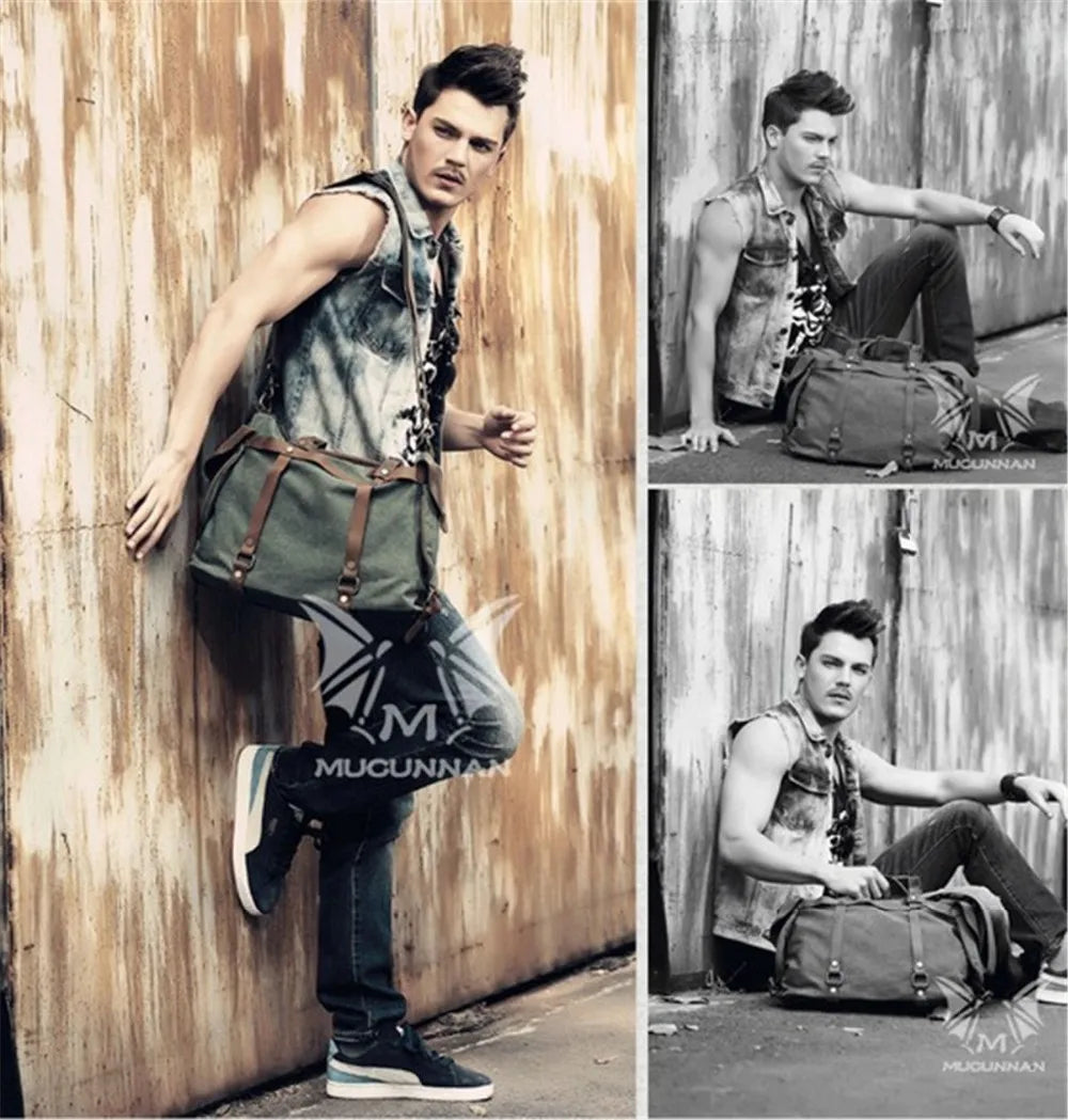 Bolsa de ombro masculina de lona militar vintage + couro genuíno, bolsa crossbody, bolsa mensageiro de lona para lazer