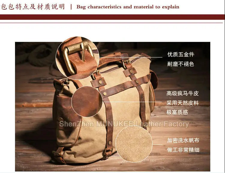 Bolsa de ombro masculina de lona militar vintage + couro genuíno, bolsa crossbody, bolsa mensageiro de lona para lazer