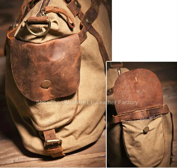 Bolsa de ombro masculina de lona militar vintage + couro genuíno, bolsa crossbody, bolsa mensageiro de lona para lazer