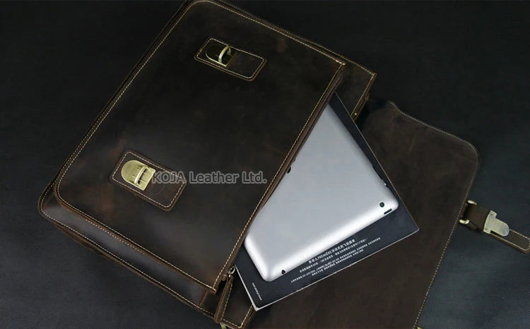 Maleta de couro genuíno para homens, vintage, cavalo louco, trabalho, negócios, ombro, bolsa de mensageiro, bolsa masculina, M088, 15 "bolsa para laptop