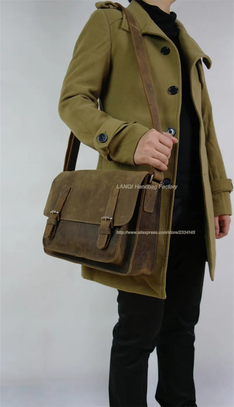 Bolsa de ombro vintage de couro louco cavalo, bolsa mensageiro cruzada masculina, bolsa de lazer genuína de couro, 2020