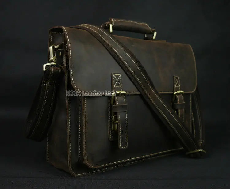Maleta de couro genuíno para homens, vintage, cavalo louco, trabalho, negócios, ombro, bolsa de mensageiro, bolsa masculina, M088, 15 "bolsa para laptop