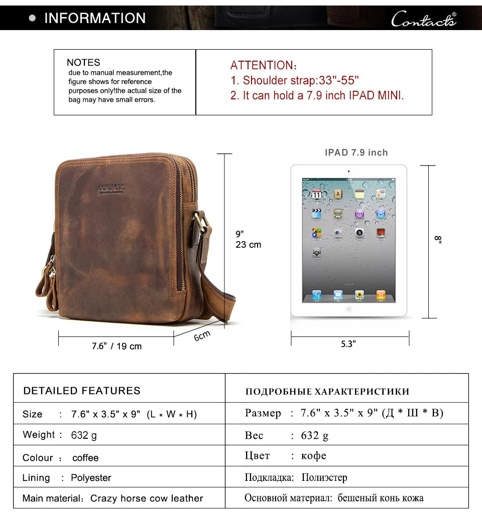 Contact's bolsa mensageiro masculina de couro genuíno, bolsa de ombro vintage para ipad mini de 7.9 polegadas, bolsa crossbody masculina de alta qualidade