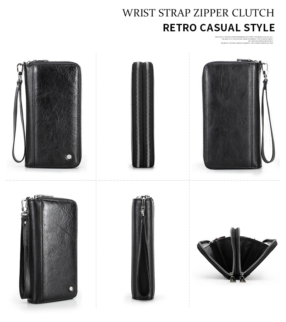 Carteira masculina de couro genuíno de contato, bolsa de mão, porta cartão, carteiras longas, zíper duplo, grande capacidade, vintage, bolsas masculinas