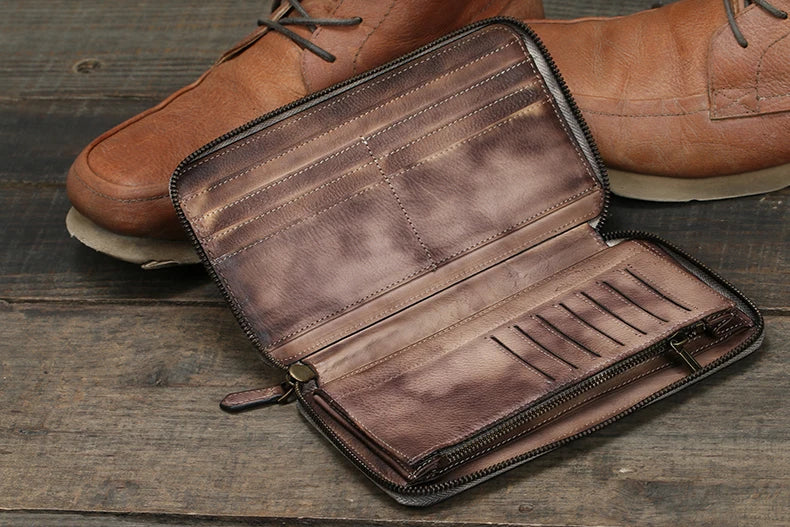 Carteira de couro genuíno do vintage dos homens carteira longa bolsa de embreagem masculino clipes de dinheiro zip em torno do saco de dinheiro titular do cartão