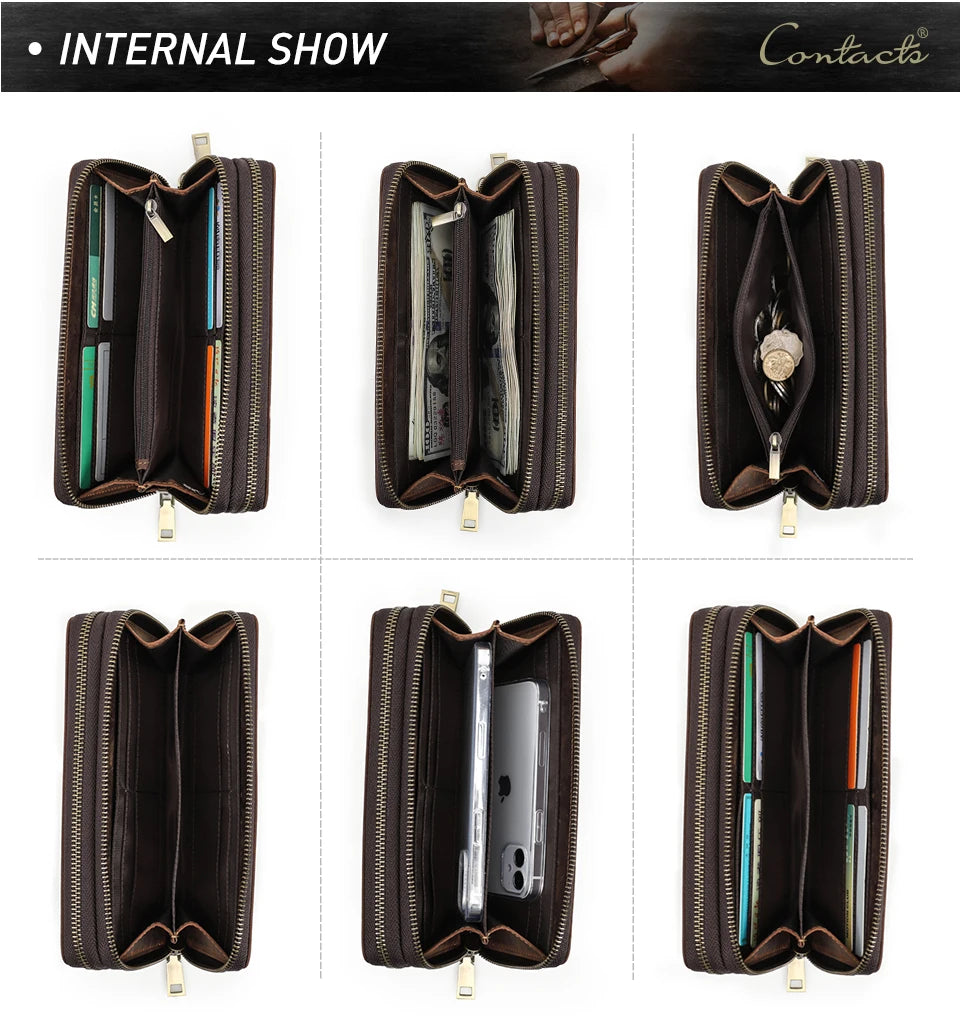 Carteira masculina de couro genuíno de contato, bolsa de mão, porta cartão, carteiras longas, zíper duplo, grande capacidade, vintage, bolsas masculinas