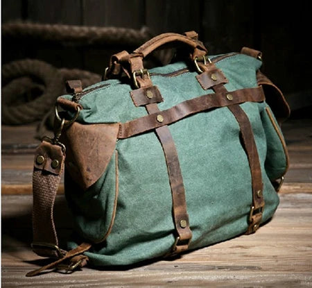 Bolsa de ombro masculina de lona militar vintage + couro genuíno, bolsa crossbody, bolsa mensageiro de lona para lazer