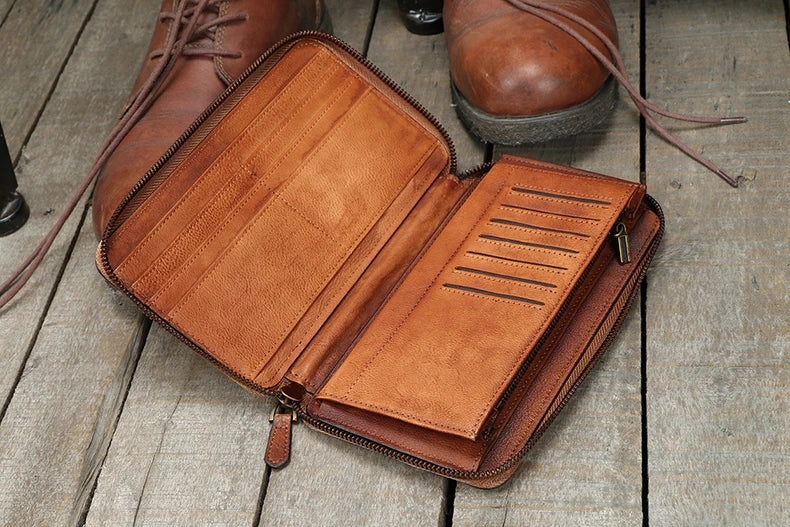 Carteira de couro genuíno do vintage dos homens carteira longa bolsa de embreagem masculino clipes de dinheiro zip em torno do saco de dinheiro titular do cartão