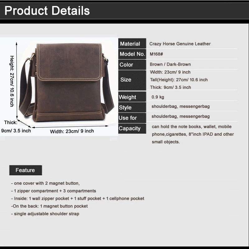 Bolsa de ombro vintage de couro louco cavalo, bolsa mensageiro cruzada masculina, bolsa de lazer genuína de couro, 2020