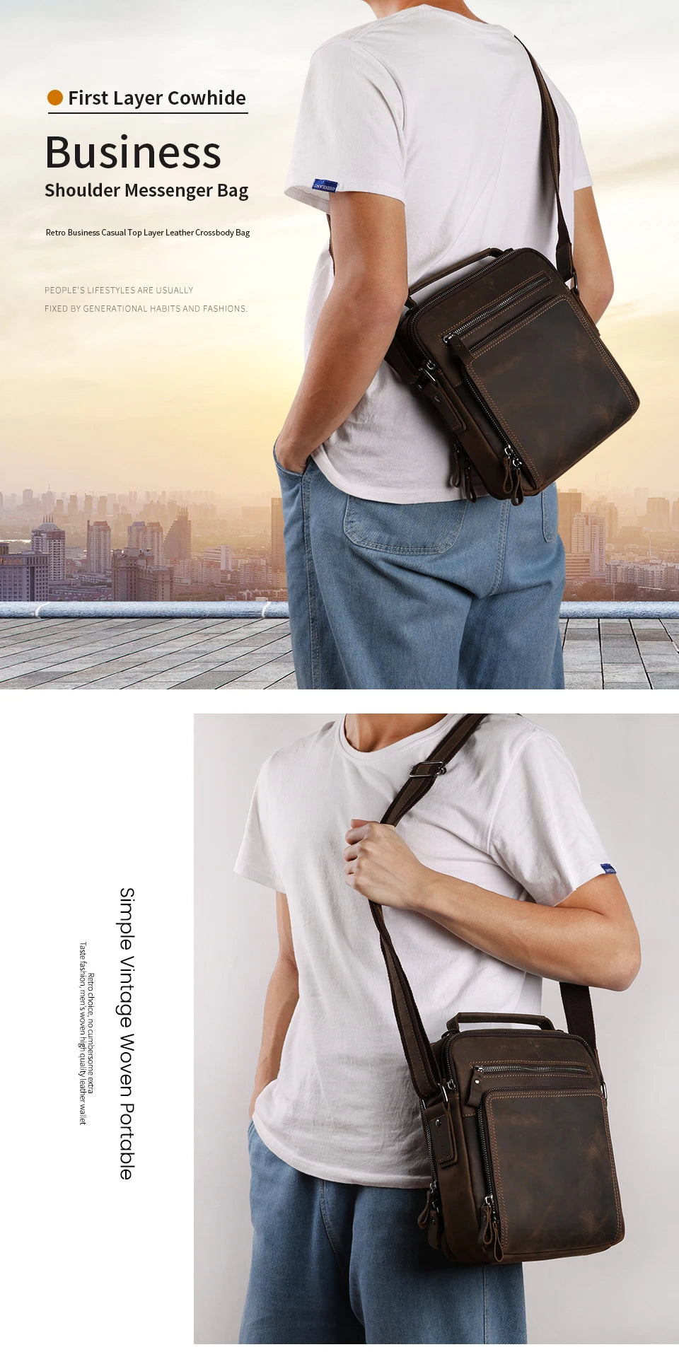 Joyir novo couro genuíno dos homens do vintage bolsas pequena aleta bolsa de ombro casual escritório mensageiro sacos moda crossbody saco